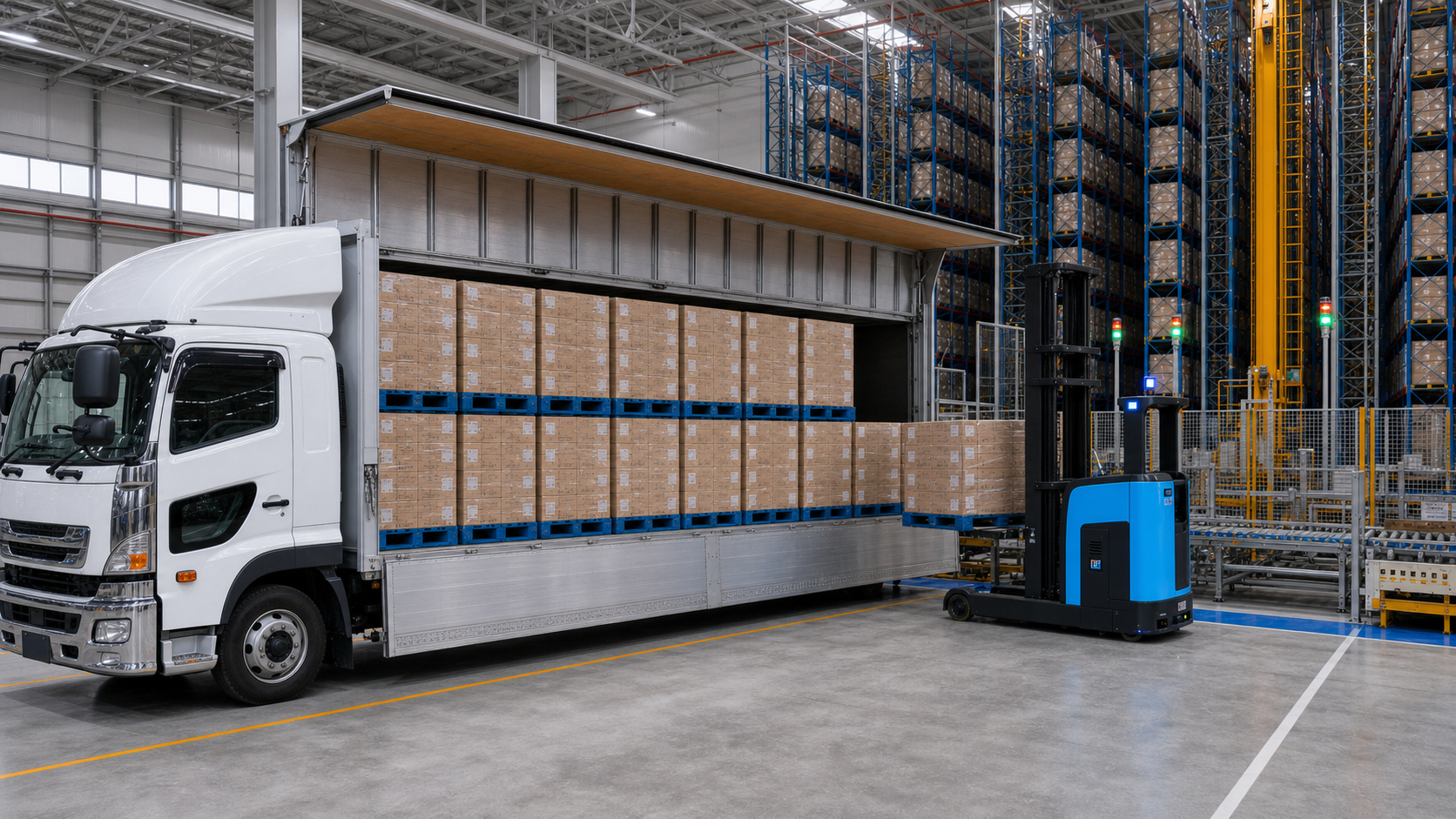 ASRS stacker cranes, 15-meter buffer zone, AGF and wing-body truck loading dock